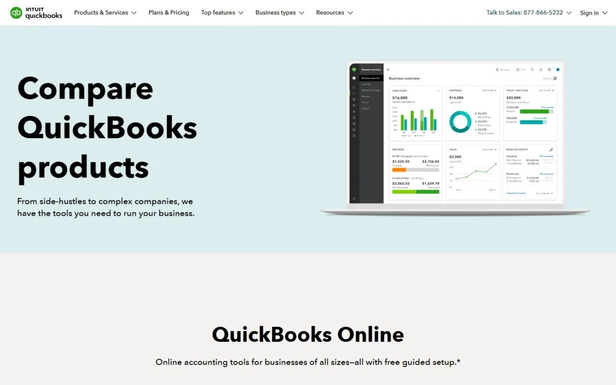 QuickBooks products page with a business overview dashboard of cash flow, expenses, profit and loss, invoices and bank accounts