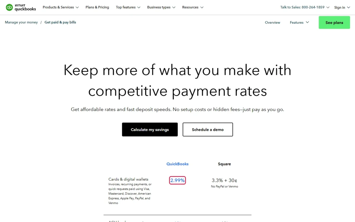 QuickBooks payment rates page with the card and digital wallet rate outlined