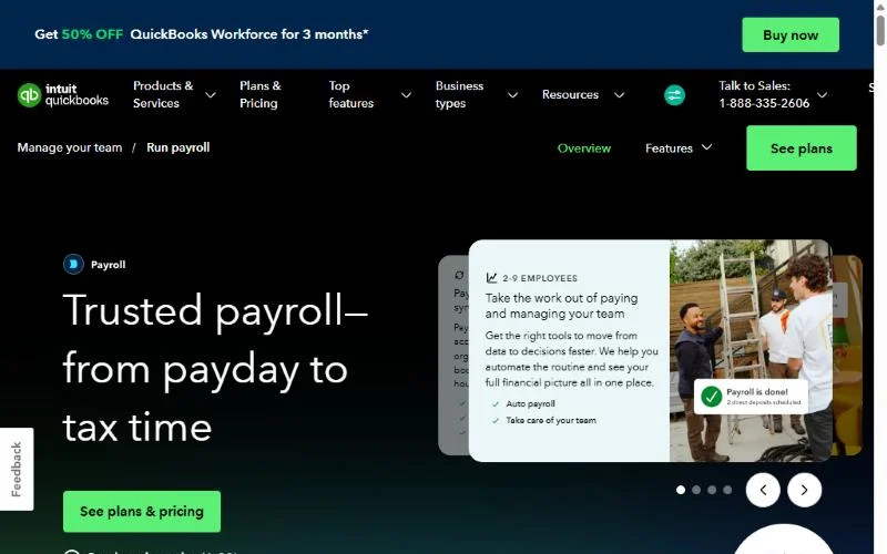 QuickBooks payroll homepage, first screen, with a 50% off banner