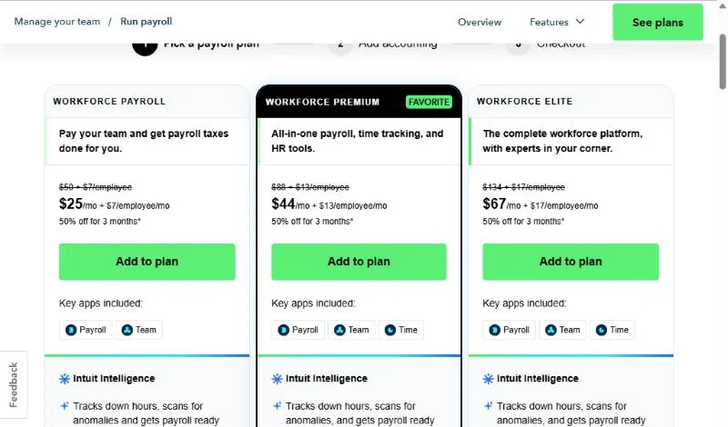 QuickBooks Workforce plan cards: Workforce Payroll, Premium and Elite, each with a base fee and a per-employee fee and a price at 50% off for 3 months