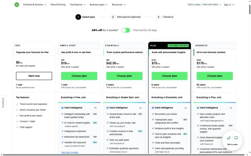 QuickBooks Online pricing page