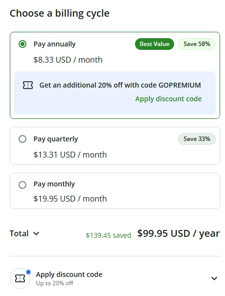 QuillBot Premium checkout seen from the US, with annual, quarterly and monthly billing options
