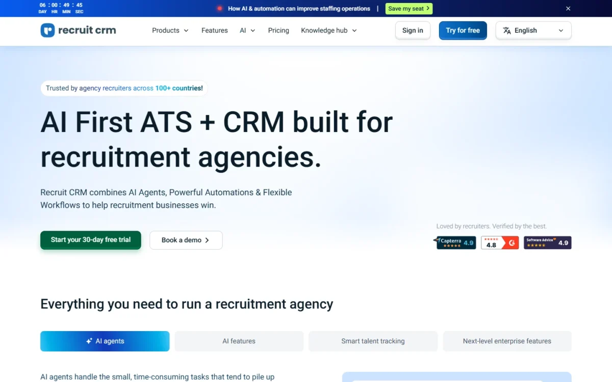 Recruit CRM homepage first screen with the headline AI First ATS + CRM built for recruitment agencies