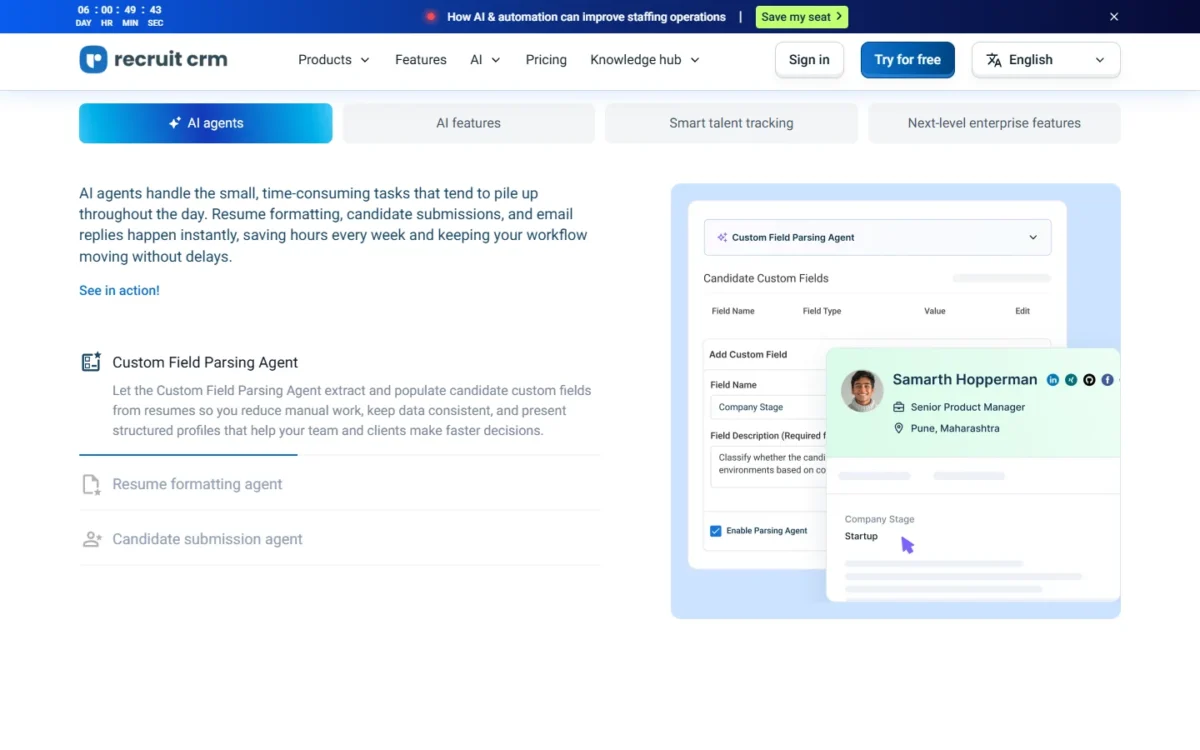 Recruit CRM homepage section showing the Custom Field Parsing Agent filling candidate fields