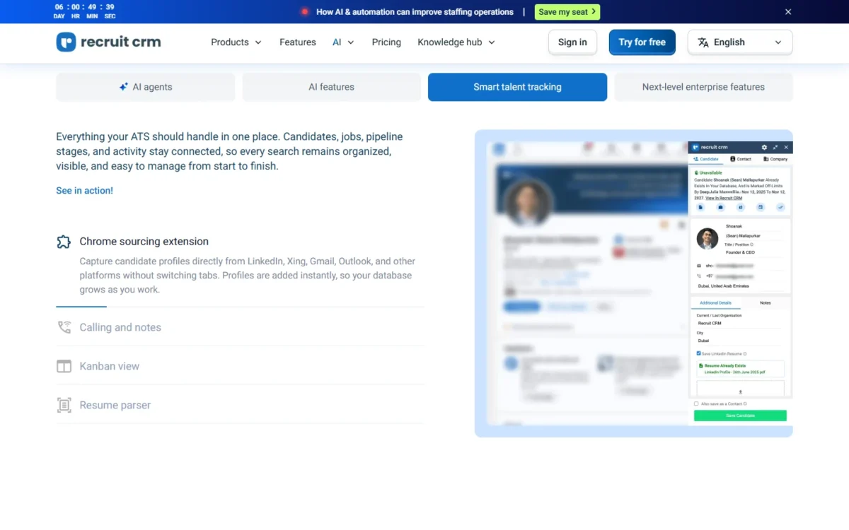 Recruit CRM homepage section showing the Chrome sourcing extension beside a candidate profile