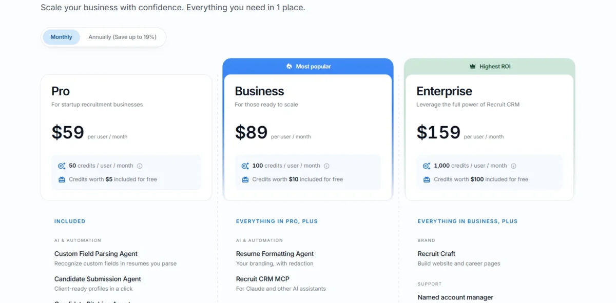 Recruit CRM pricing page with the Monthly toggle selected, showing Pro at $59, Business at $89 and Enterprise at $159 per user per month