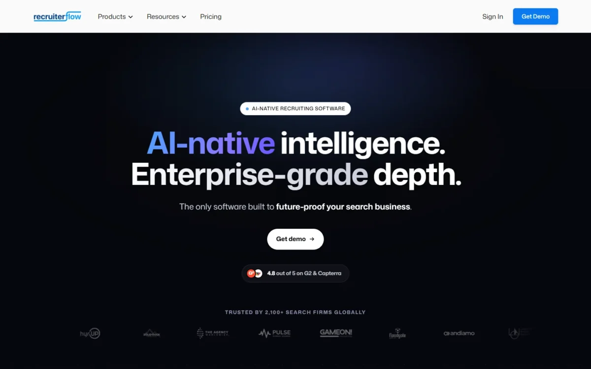 Recruiterflow homepage first screen with the headline AI-native intelligence, enterprise-grade depth