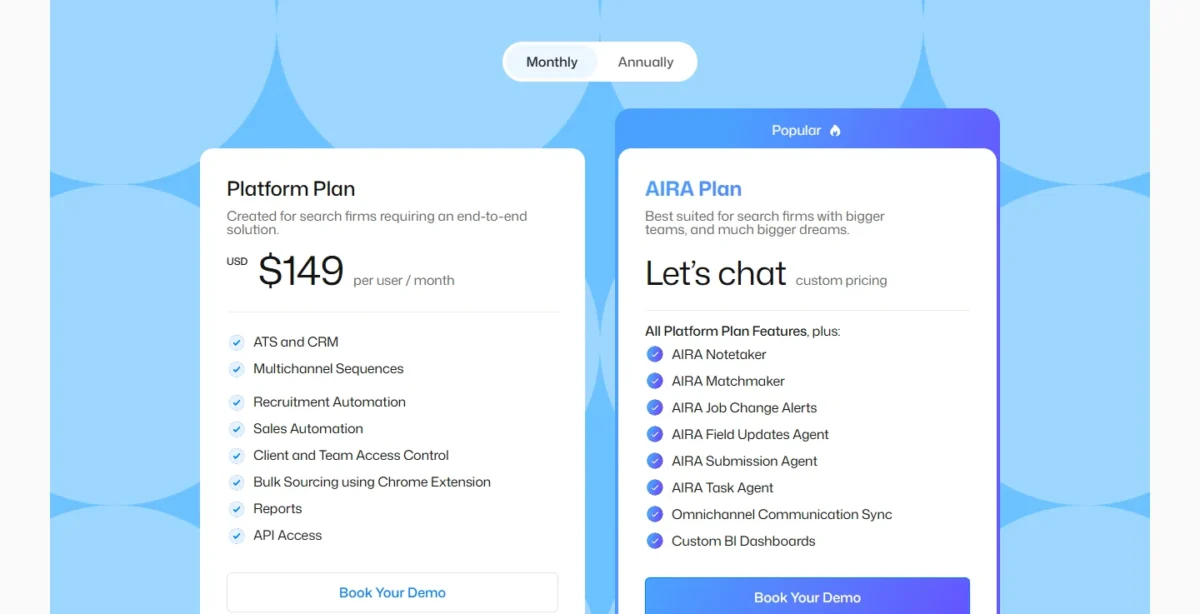 Recruiterflow pricing page on the Monthly view showing the Platform Plan at USD $149 per user per month