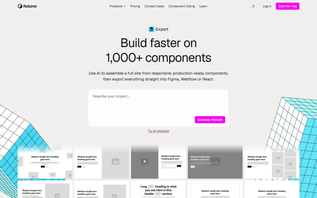 Relume Export page first screen headed Build faster on 1,000+ components