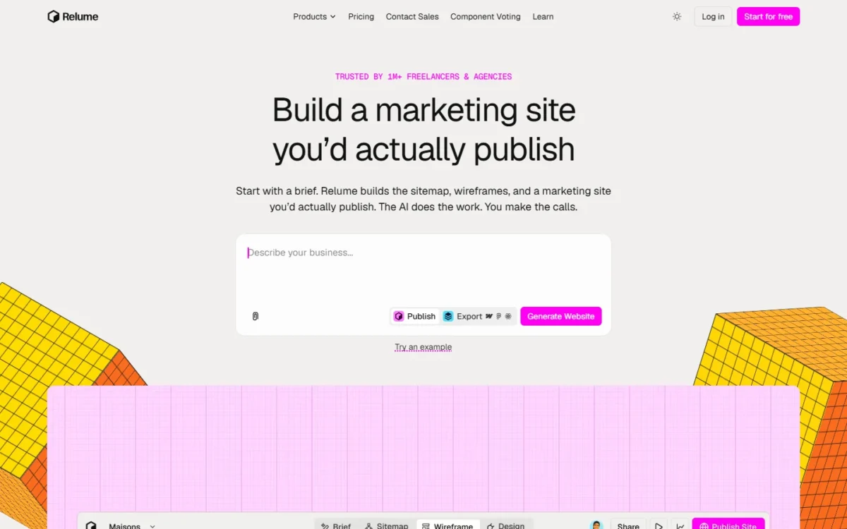 Relume homepage first screen with the headline Build a marketing site you'd actually publish