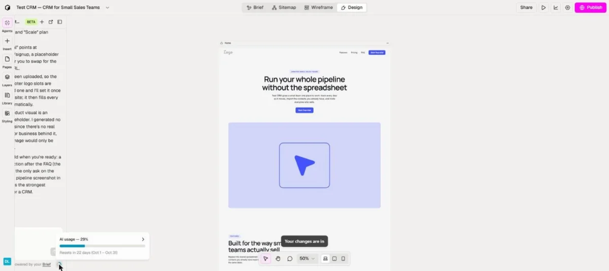 Relume's finished one-page Test CRM design with the AI usage indicator open