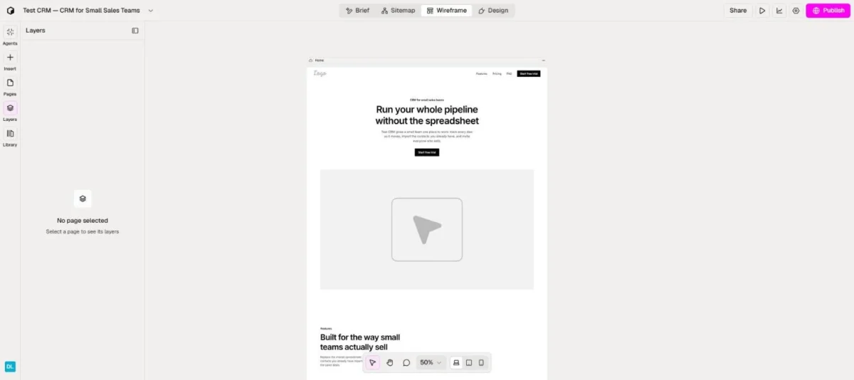 Relume's Wireframe view of the Home page built in my test, with the Brief, Sitemap, Wireframe and Design tabs at the top