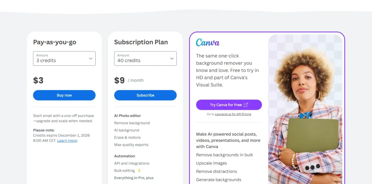 Remove.bg pricing page, plans and prices