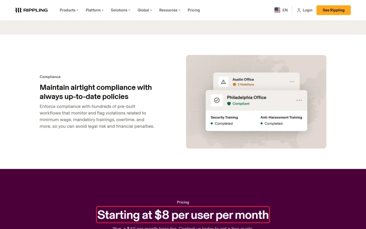 Rippling small-business page with Starting at $8 per user per month outlined