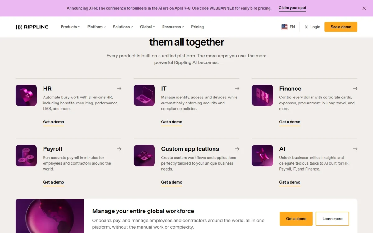 Rippling homepage section listing its HR, IT, Finance, Payroll, Custom applications and AI products