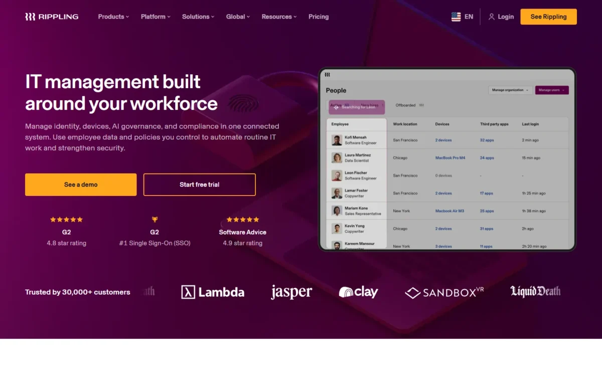 Rippling IT page reading IT management built around your workforce, with See a demo and Start free trial buttons