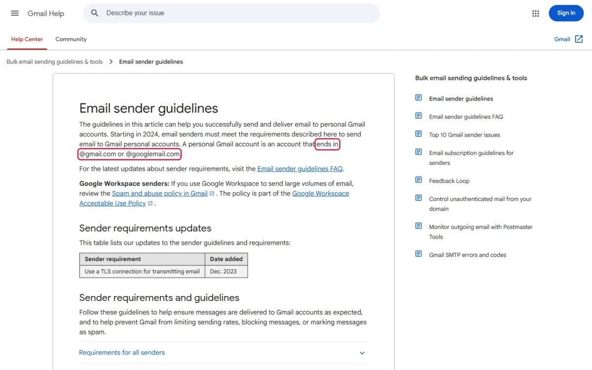 Gmail email sender guidelines page with the personal Gmail account definition outlined