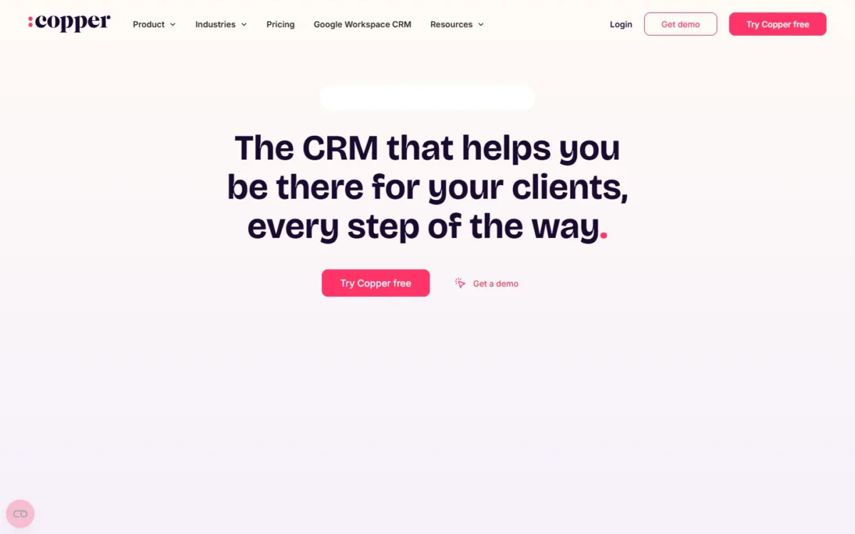 Copper homepage, first screen, with the headline about helping clients every step of the way