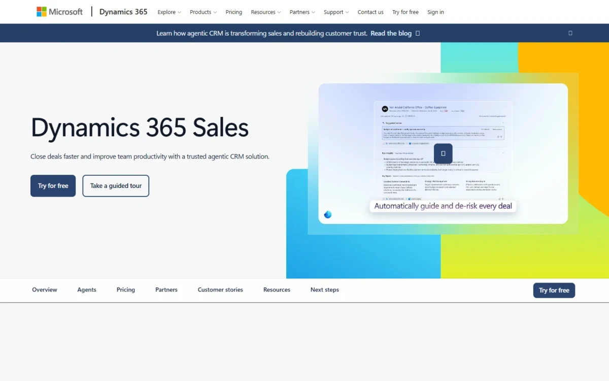 Dynamics 365 Sales product page, first screen, with Try for free and guided tour buttons