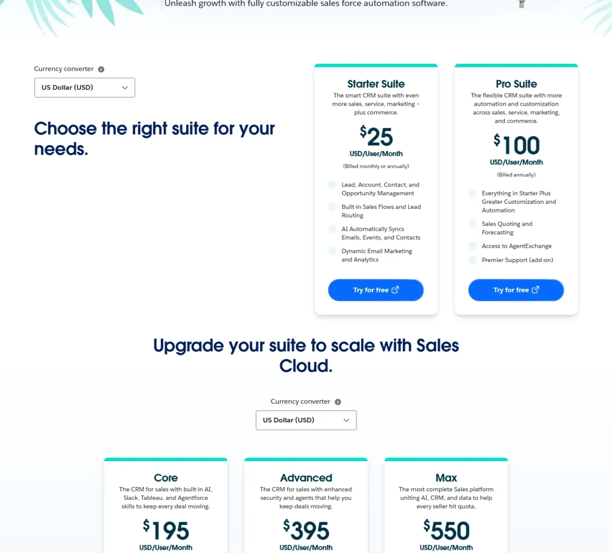 Salesforce Sales Cloud pricing page showing Starter Suite at $25 and Pro Suite at $100 per user per month, and Core, Advanced and Max below