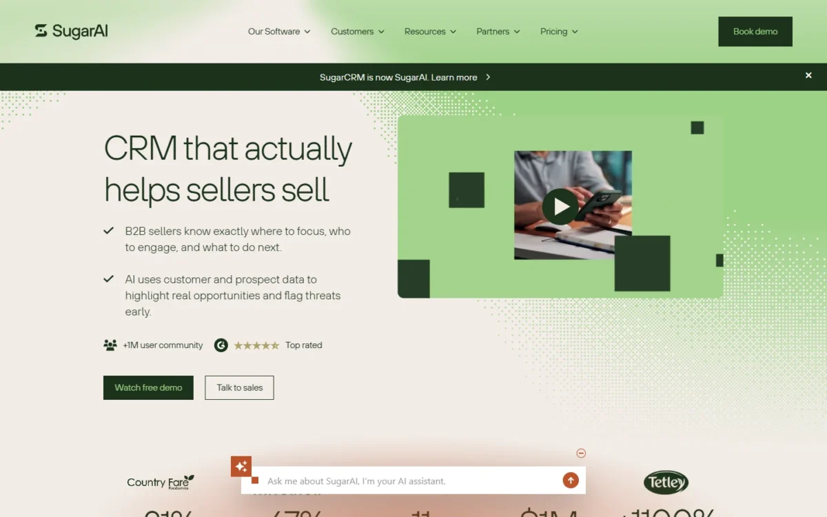 SugarAI homepage, first screen, with the banner that SugarCRM is now SugarAI