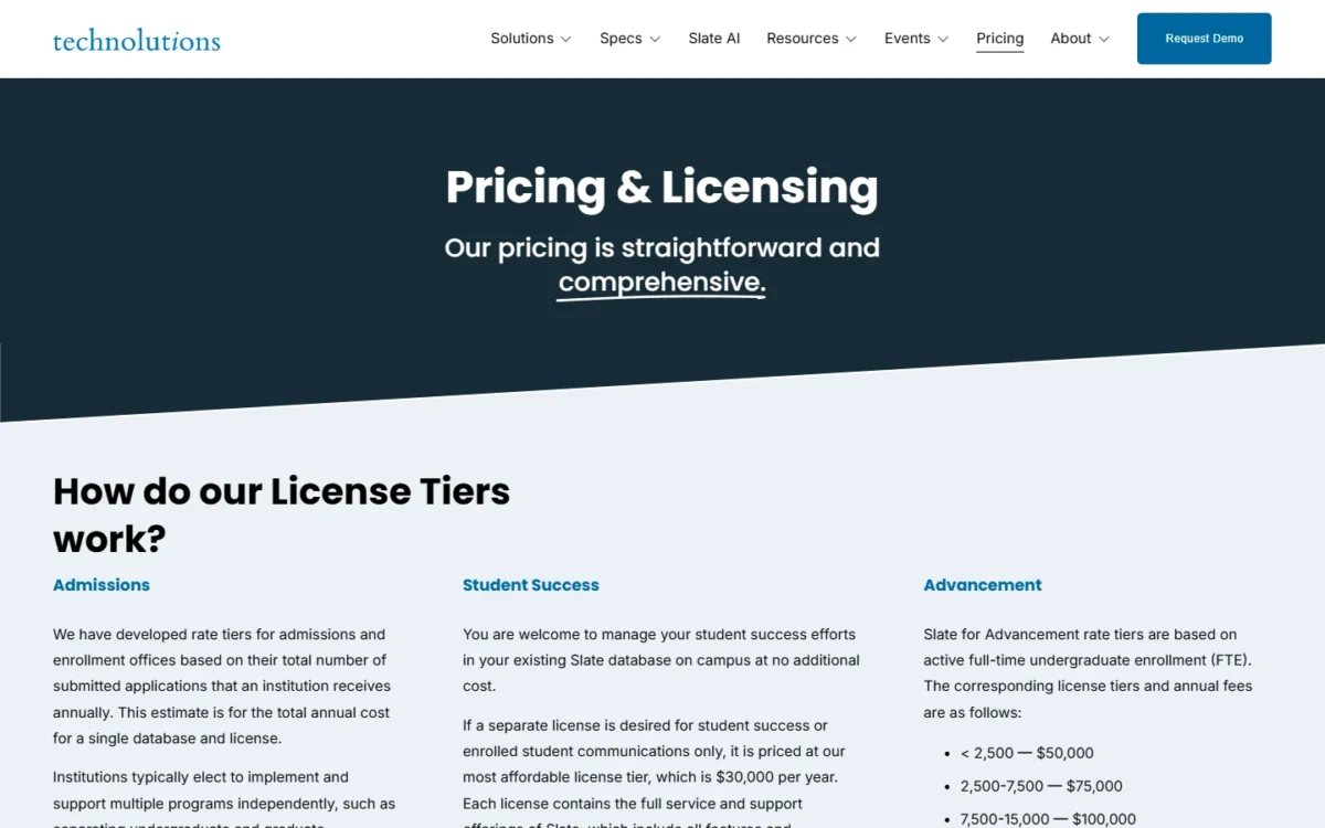 Technolutions Pricing and Licensing page explaining how the admissions, student success and advancement license tiers work
