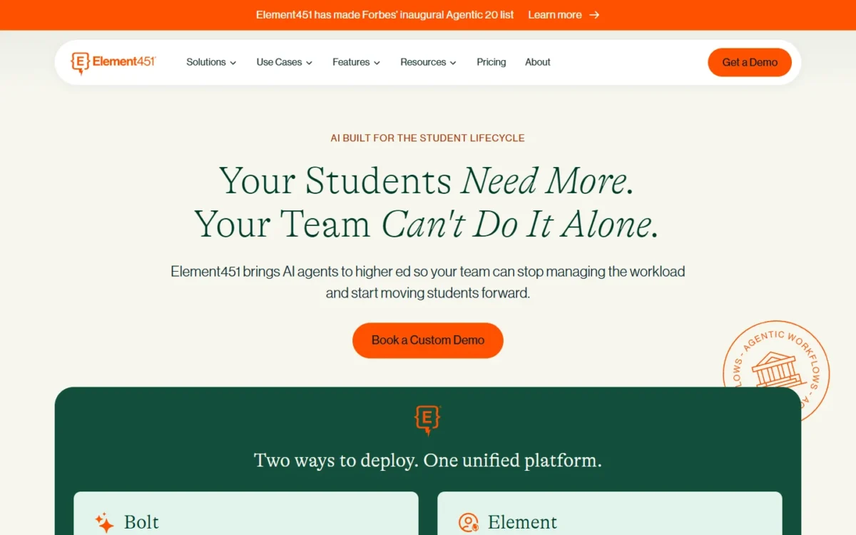 Element451 homepage first screen introducing AI agents for higher ed and its two deployment options, Bolt and Element