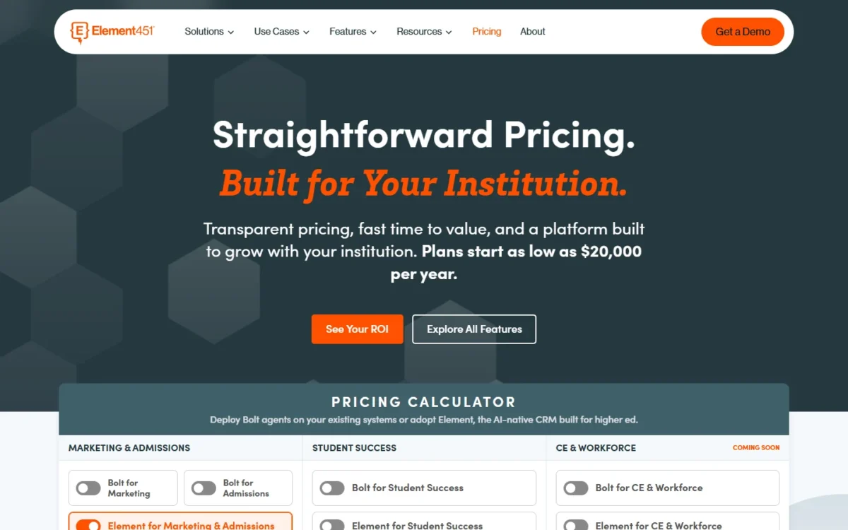 Element451 pricing page stating plans start as low as $20,000 per year, above its pricing calculator