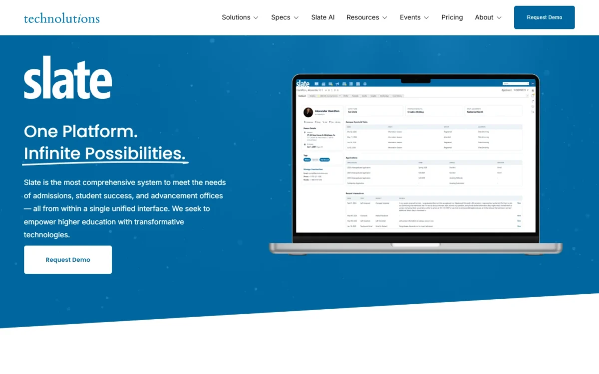 Slate homepage first screen with the headline One Platform, Infinite Possibilities