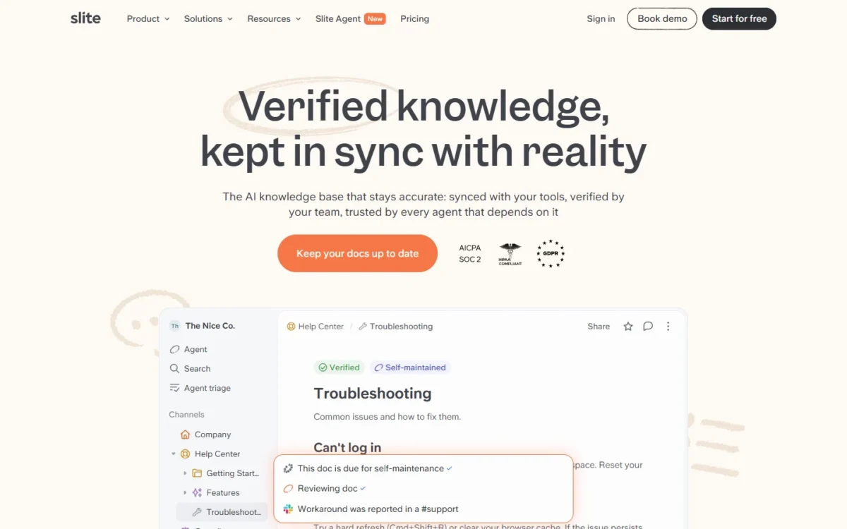 Slite homepage first screen with the headline Verified knowledge, kept in sync with reality, above a help center doc marked Verified and Self-maintained