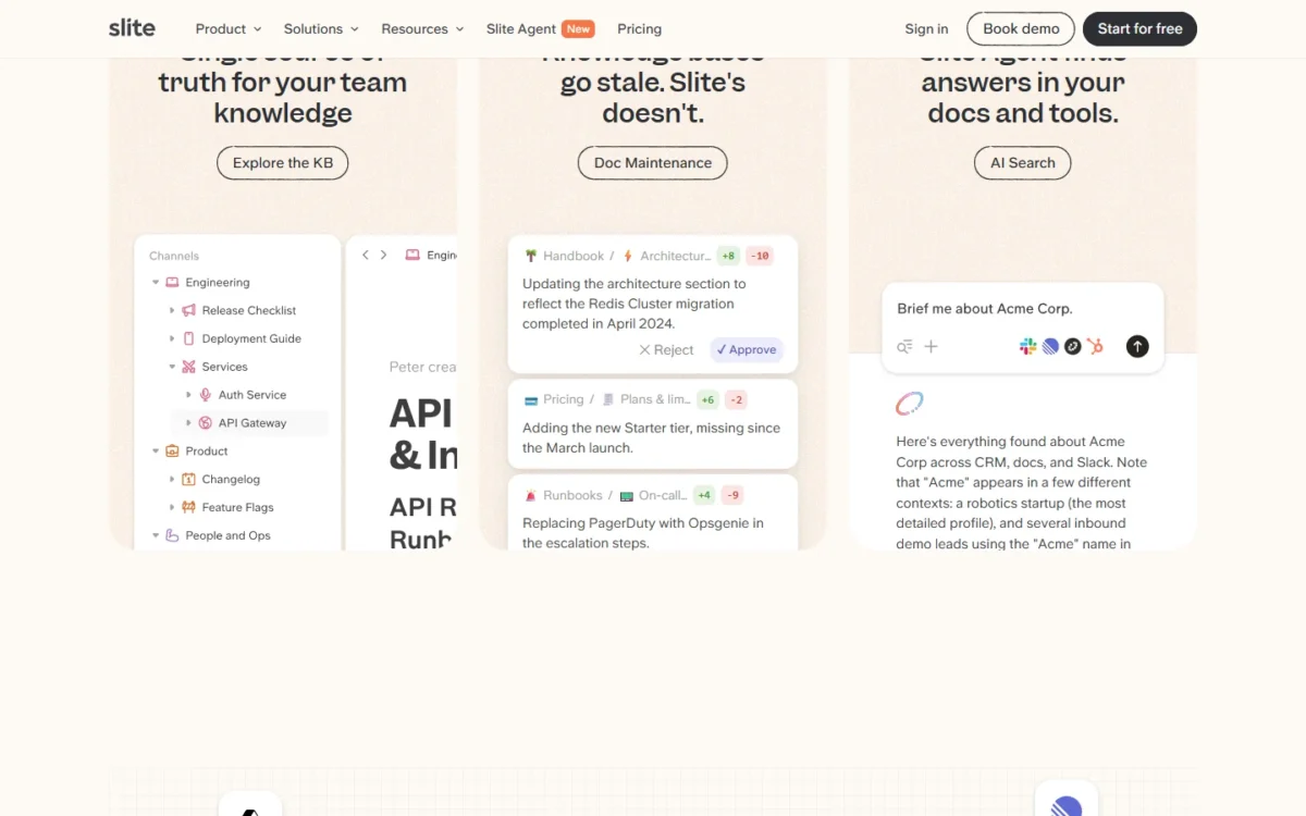Slite homepage product screens showing suggested doc updates with Approve and Reject buttons next to an AI search answer