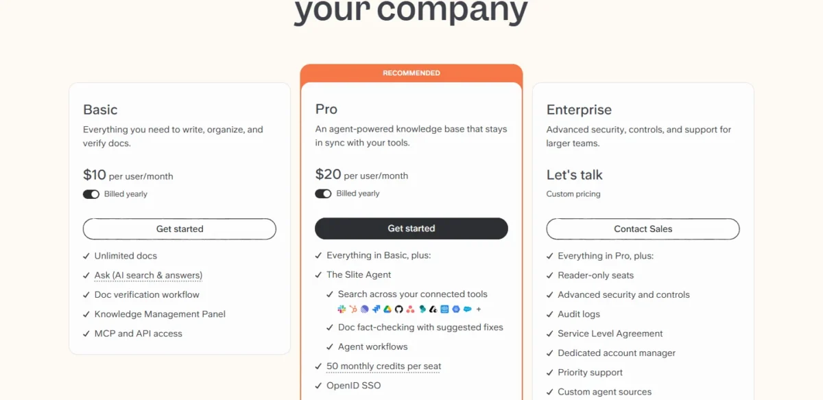 Slite pricing page with Basic at $10 and Pro at $20 per user per month billed yearly, and Enterprise at custom pricing