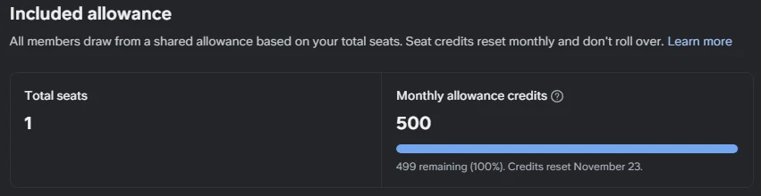 Slite AI usage card after my three Agent questions, showing 499 credits remaining of 500