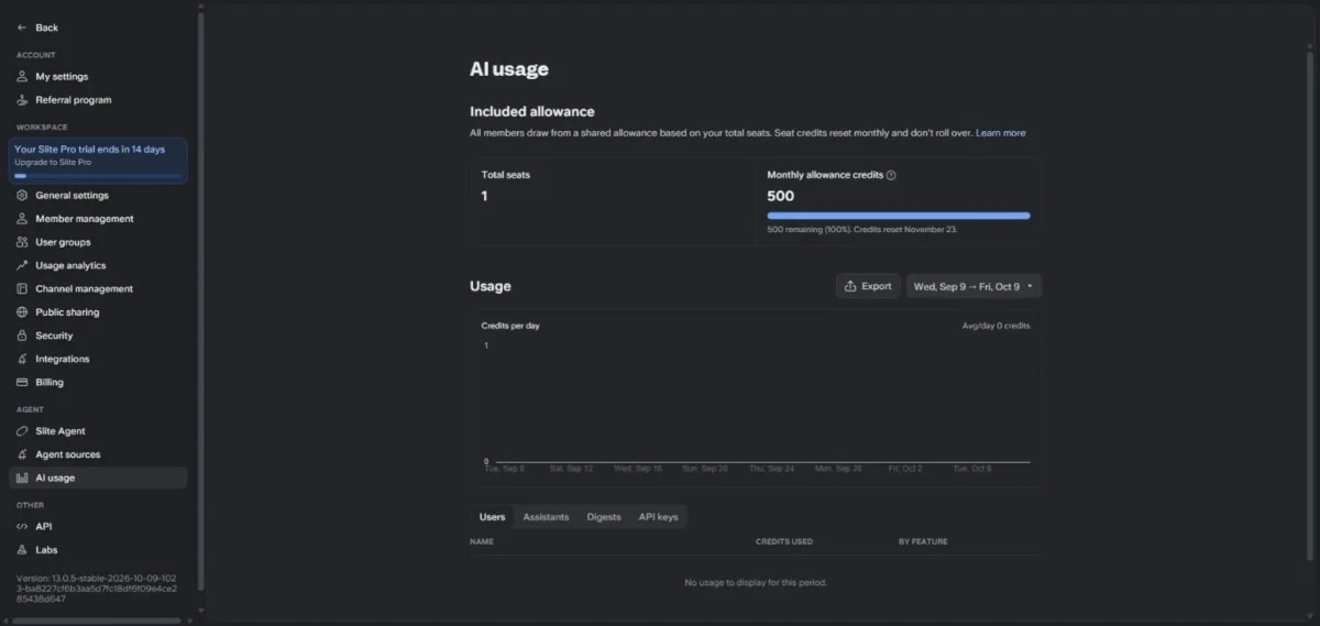Slite AI usage page before my test, showing 1 seat, 500 monthly allowance credits and 500 remaining