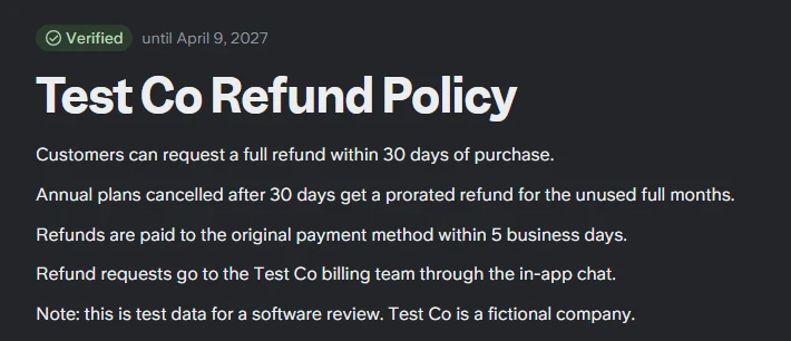 Slite doc titled Test Co Refund Policy with a Verified badge above five lines about refunds