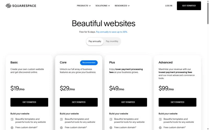 Squarespace pricing page