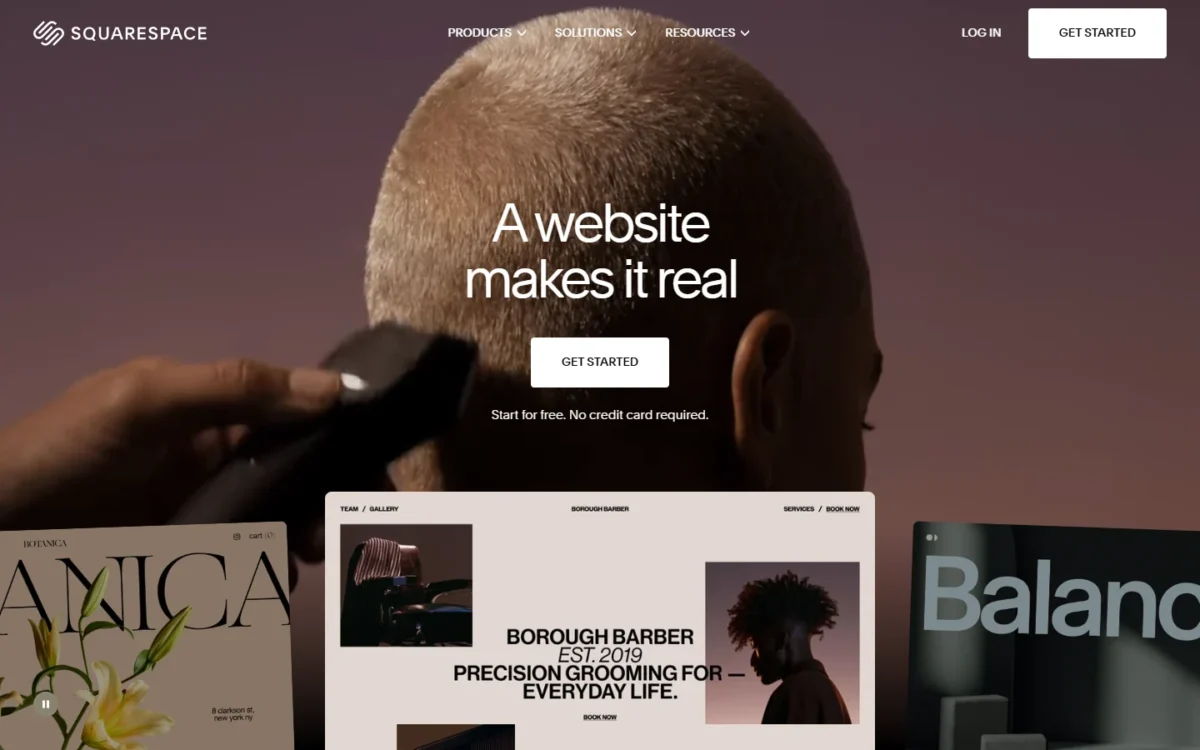 Squarespace homepage first screen with the headline A website makes it real and a Get Started button