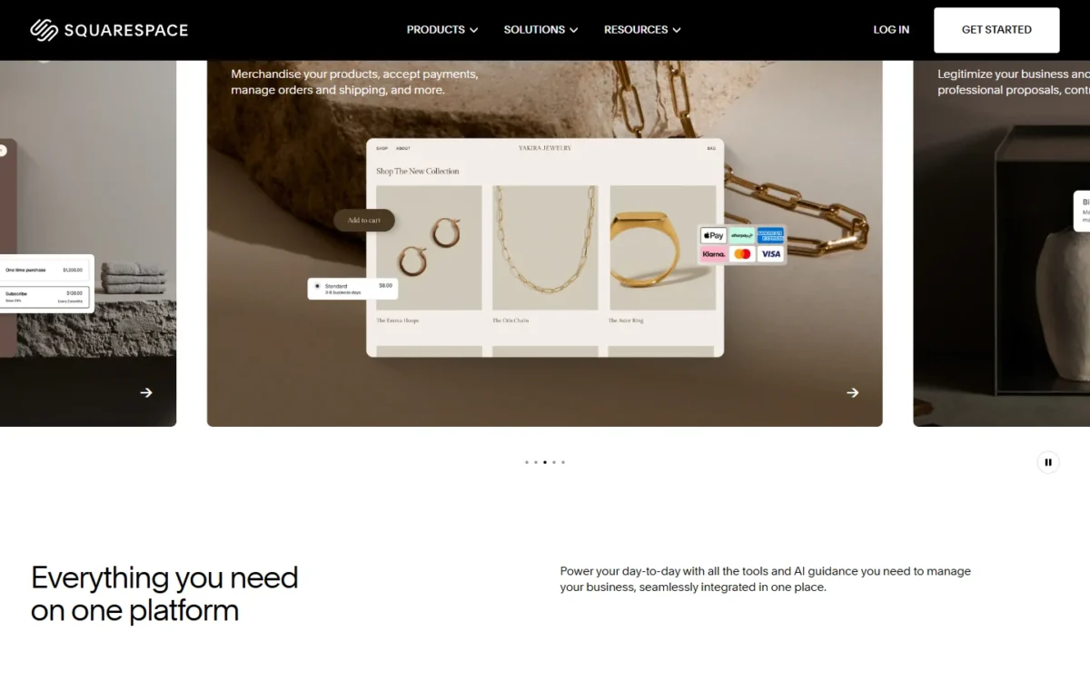 Squarespace homepage section showing an example online store with jewelry products and payment card logos