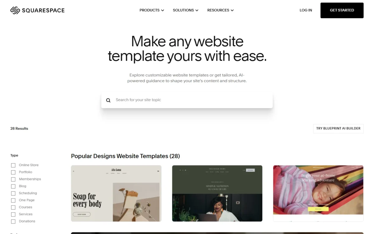 Squarespace templates page with a site-topic search box and a Try Blueprint AI Builder button