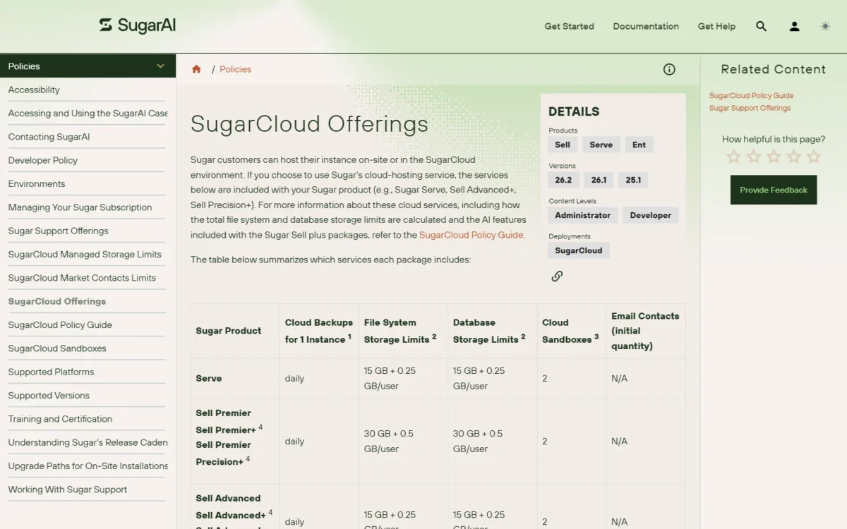 SugarCloud Offerings page with the storage, backup and sandbox table by Sugar package