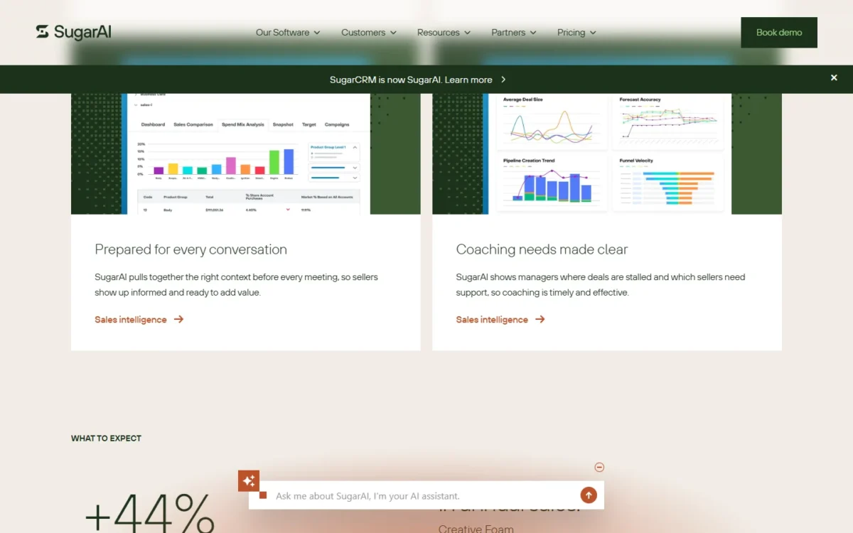 SugarAI homepage section titled Prepared for every conversation, with product screens