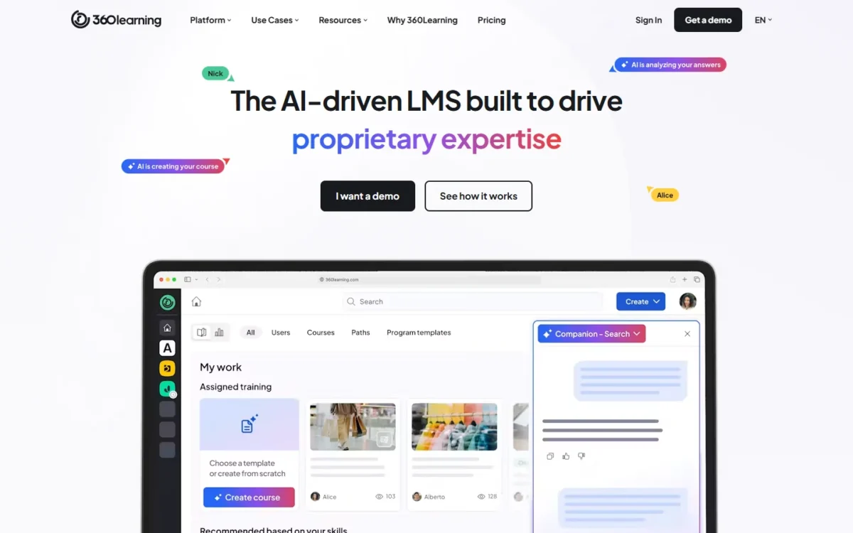 360Learning homepage, first screen