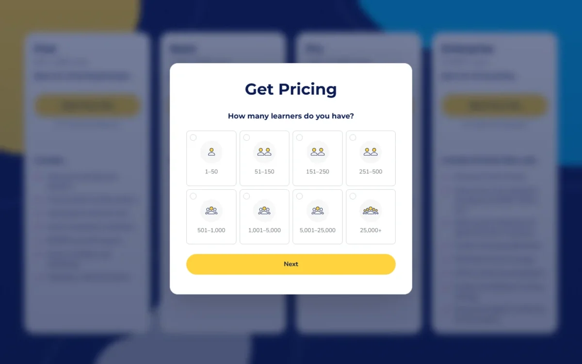 Absorb LMS Get Pricing form asking how many learners you have, from 1-50 to 25,000+