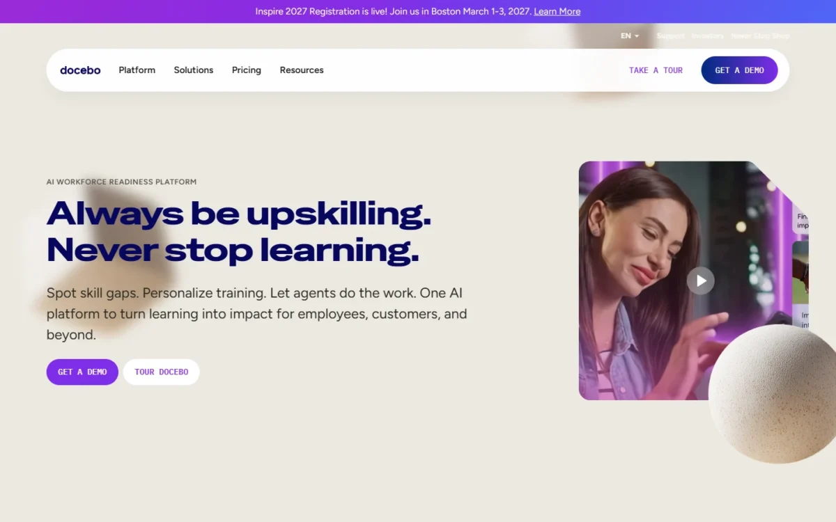 Docebo homepage, first screen
