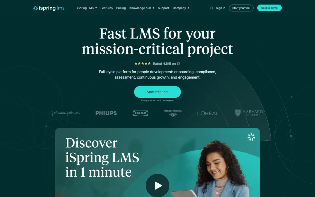 iSpring LMS homepage, first screen