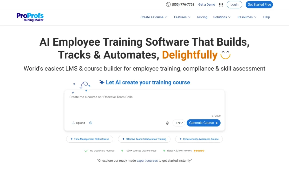 ProProfs Training Maker homepage, first screen