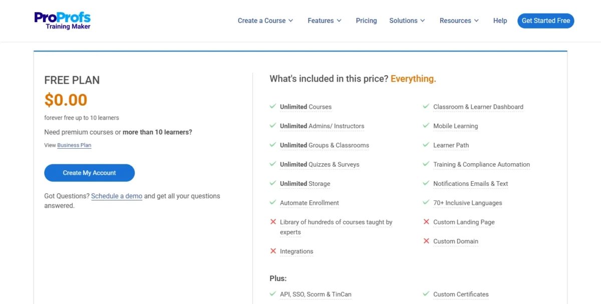 ProProfs Training Maker pricing page showing the free plan at $0.00 for up to 10 learners