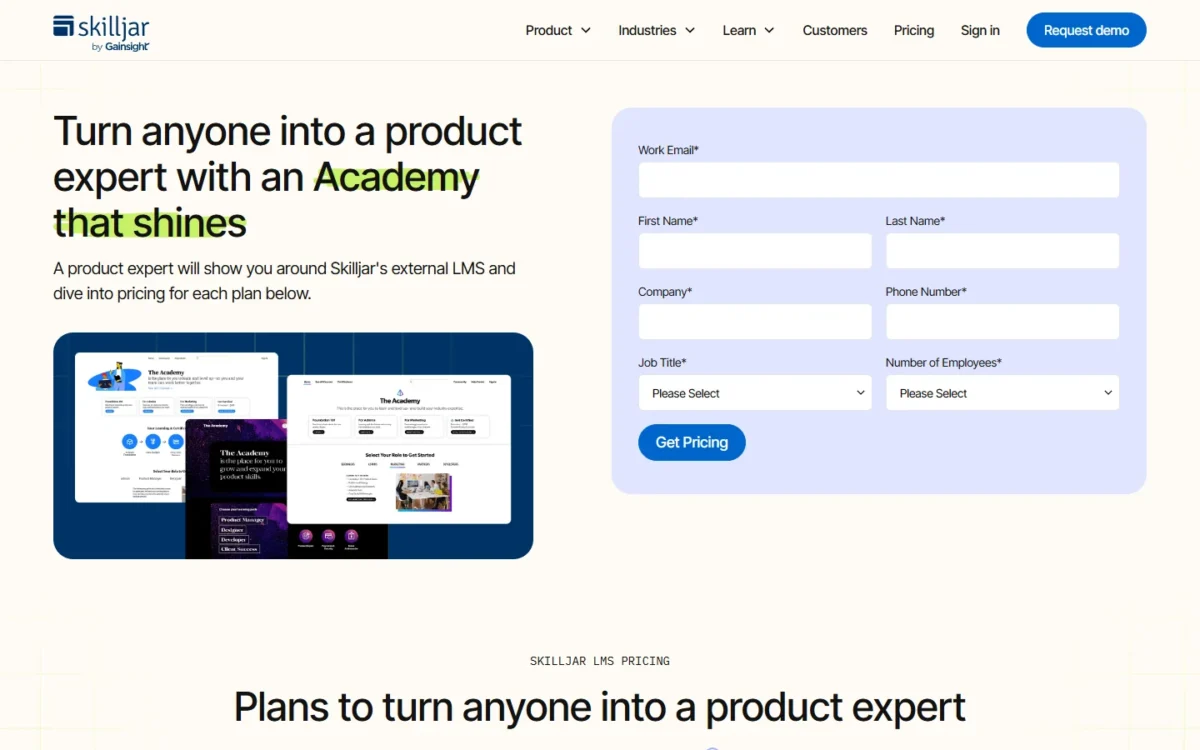Skilljar pricing page with a request form for its external LMS