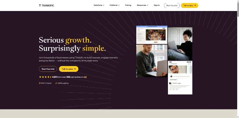 Thinkific homepage, first screen