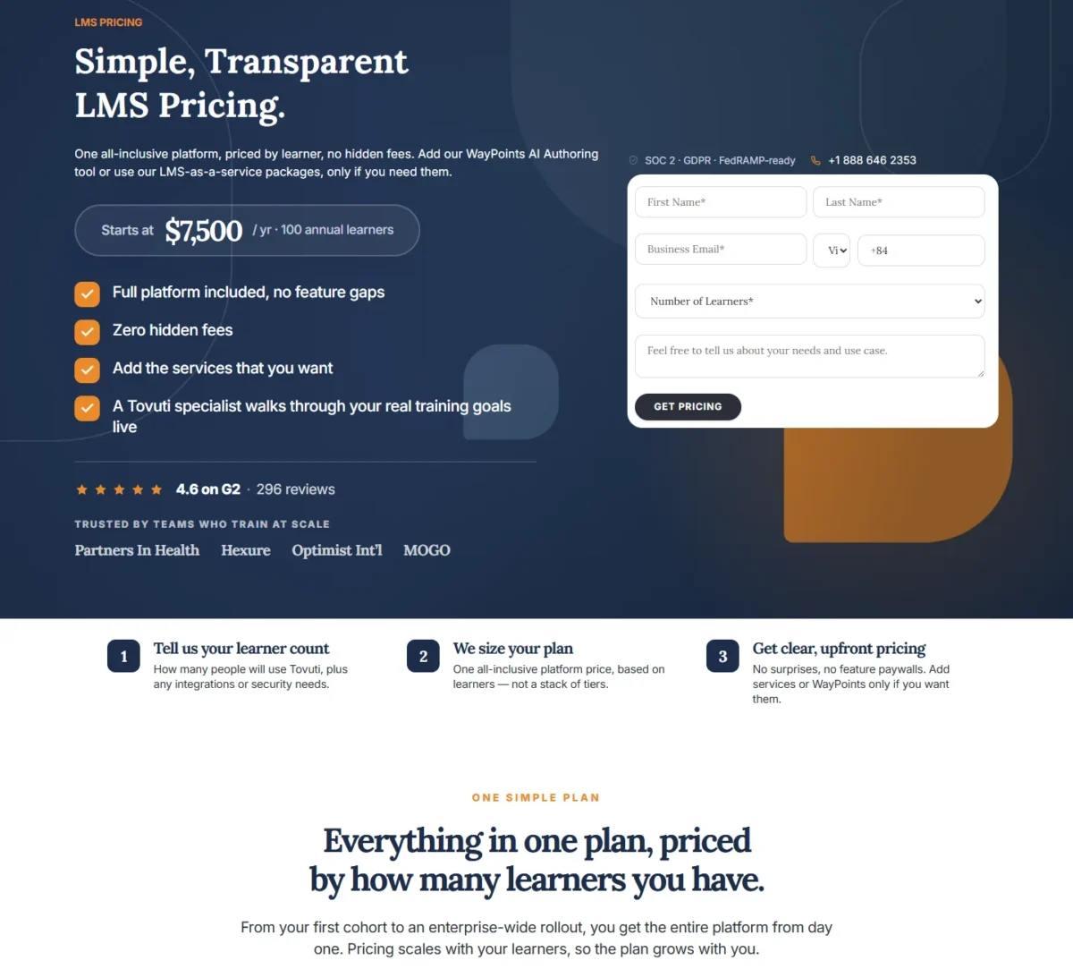 Tovuti LMS pricing page showing the platform from $7,500 a year for 100 annual learners